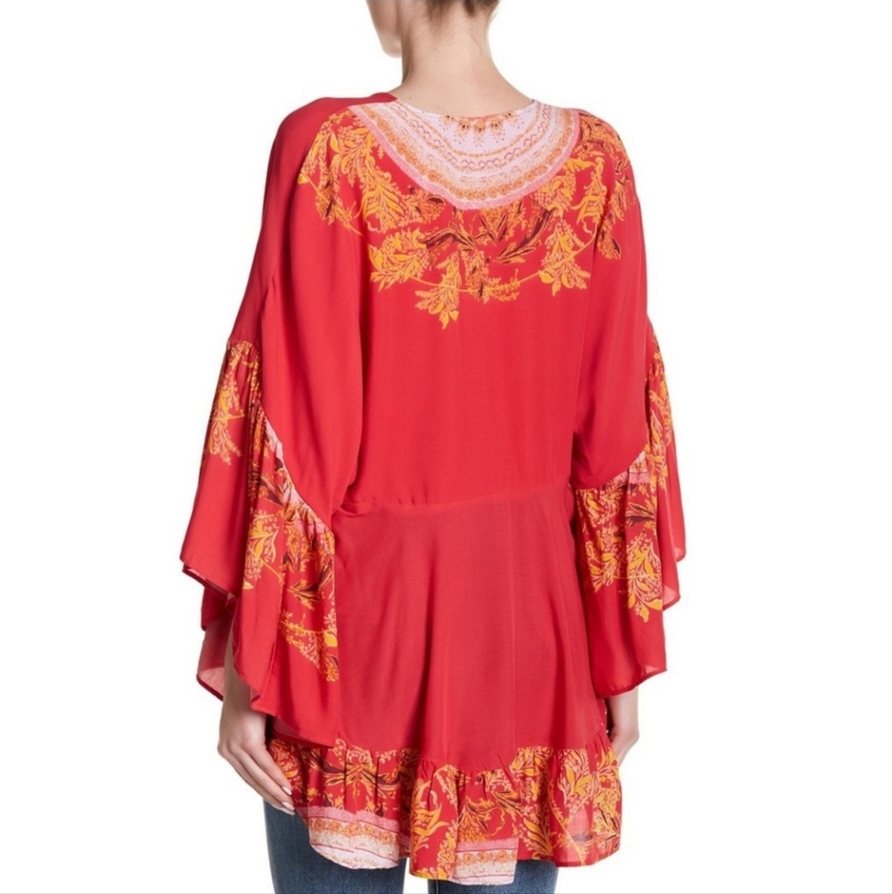 Free People Sunset Dreams boho print bell sleeve salmon color top women's‎ XS - Picture 2 of 16